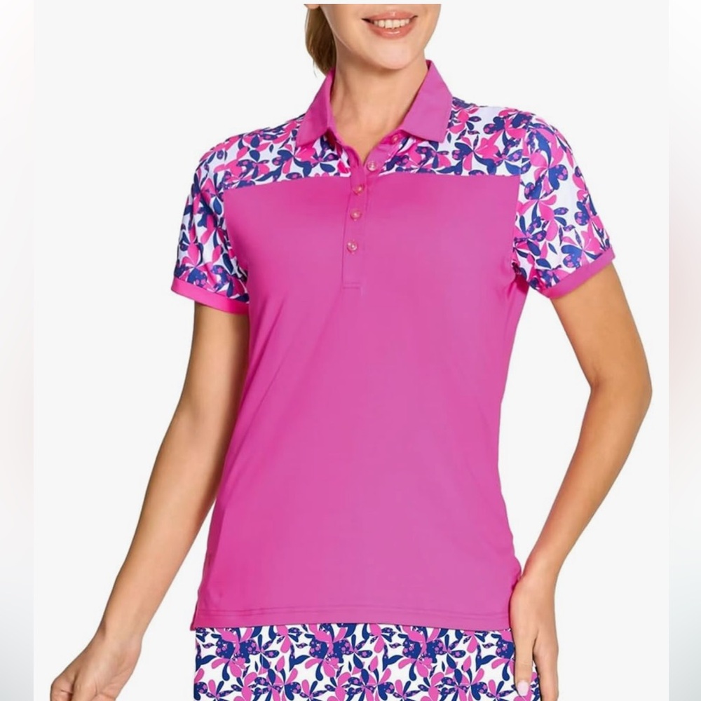 Women’s Pink Short-Sleeve Polo Top with Floral Yoke